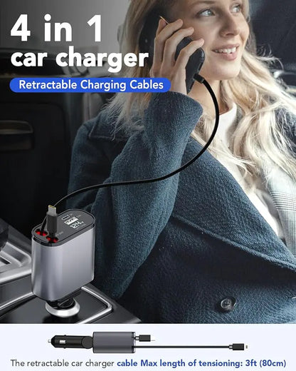 FAST CHARGE Auto Hub: 66W Retractable 4-in-1 Car Charger for Smartphones