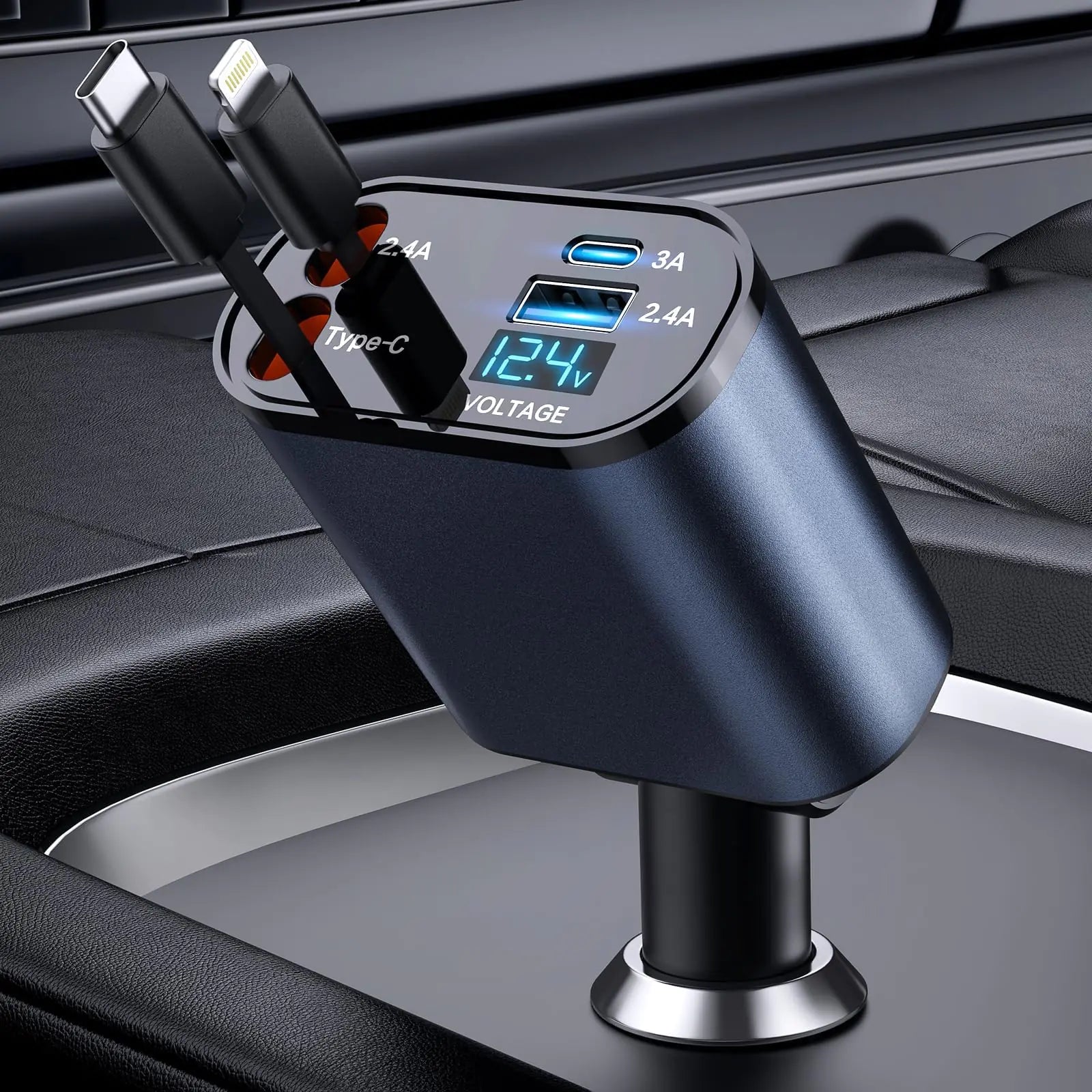 FAST CHARGE Auto Hub: 66W Retractable 4-in-1 Car Charger for Smartphones