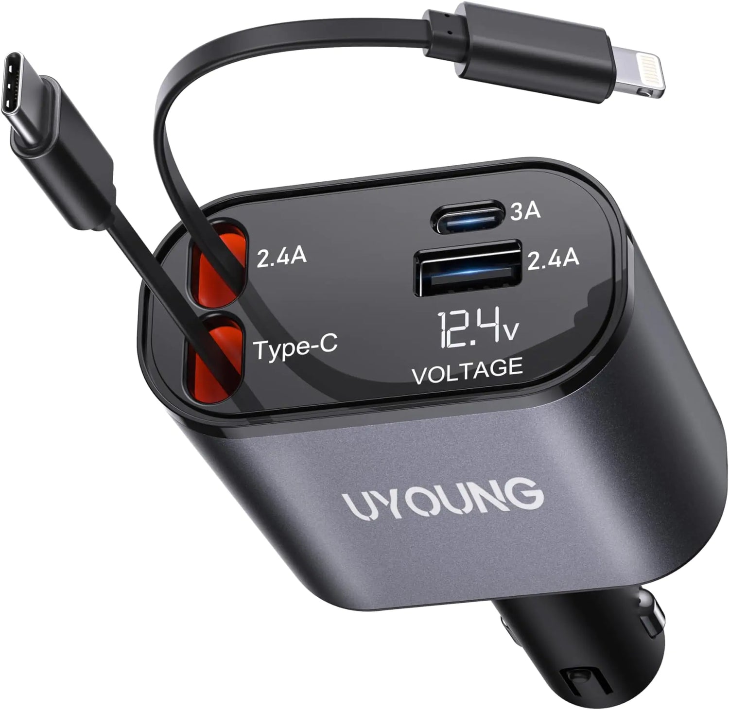 FAST CHARGE Auto Hub: 66W Retractable 4-in-1 Car Charger for Smartphones