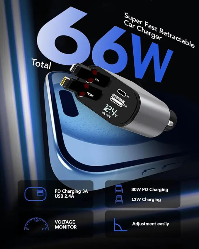 FAST CHARGE Auto Hub: 66W Retractable 4-in-1 Car Charger for Smartphones