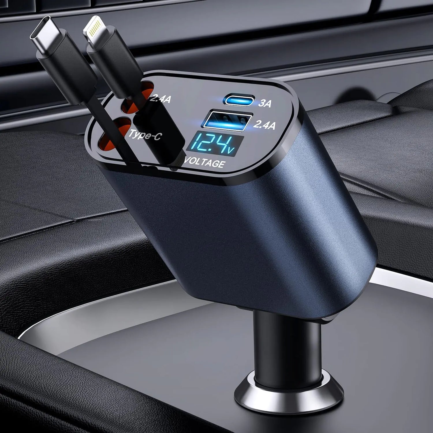 FAST CHARGE Auto Hub: 66W Retractable 4-in-1 Car Charger for Smartphones