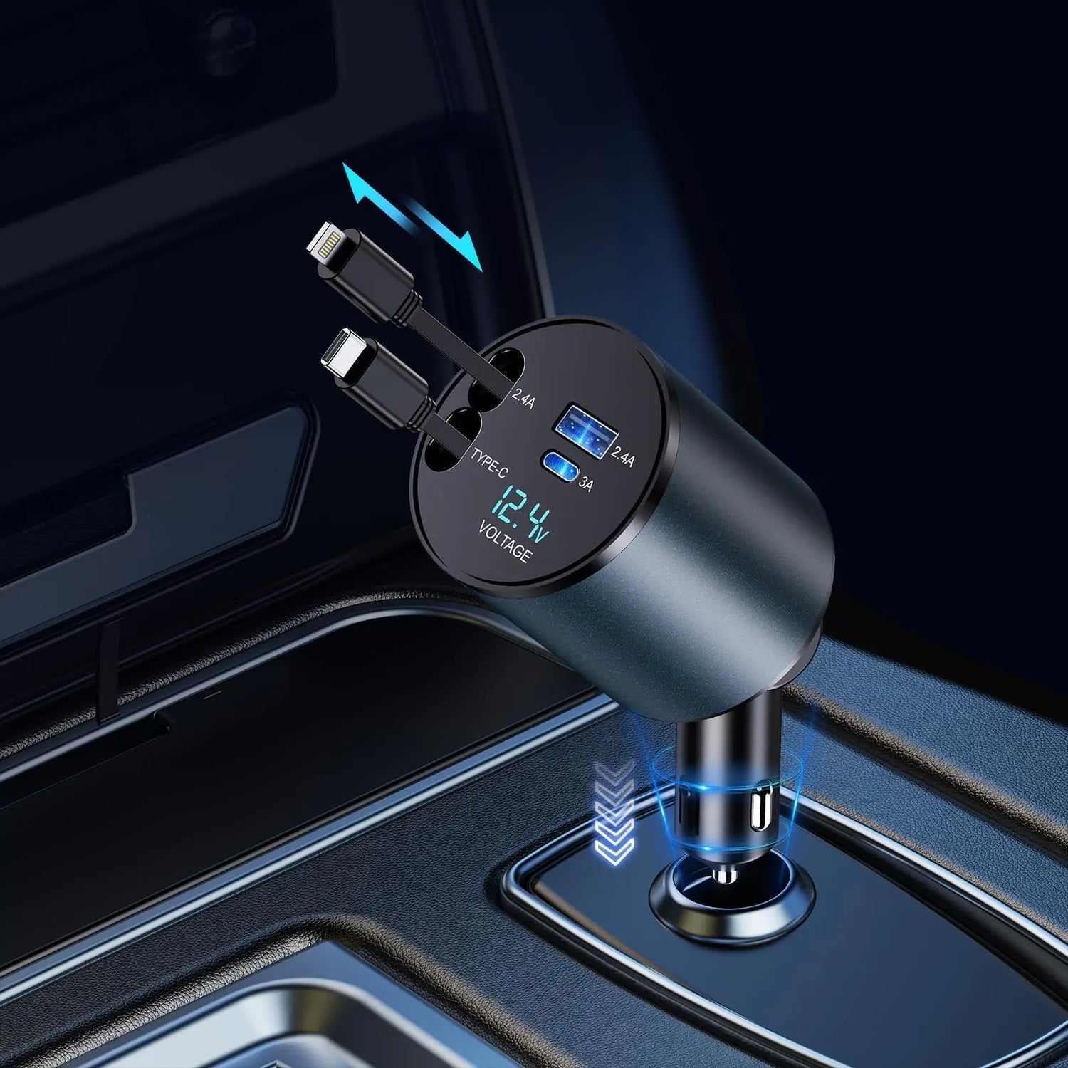 FAST CHARGE Auto Hub: 66W Retractable 4-in-1 Car Charger for Smartphones