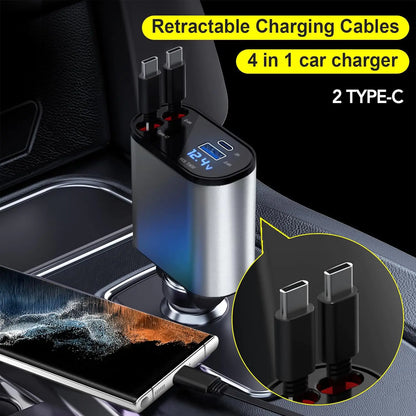 FAST CHARGE Auto Hub: 66W Retractable 4-in-1 Car Charger for Smartphones